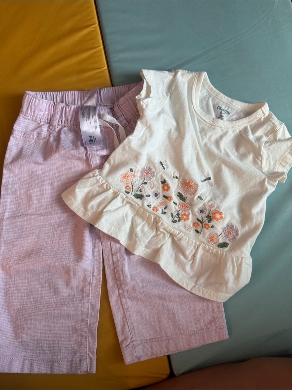 OshKosh B'gosh White Ruffle Tee with Orange & Purple Floral Embroidery